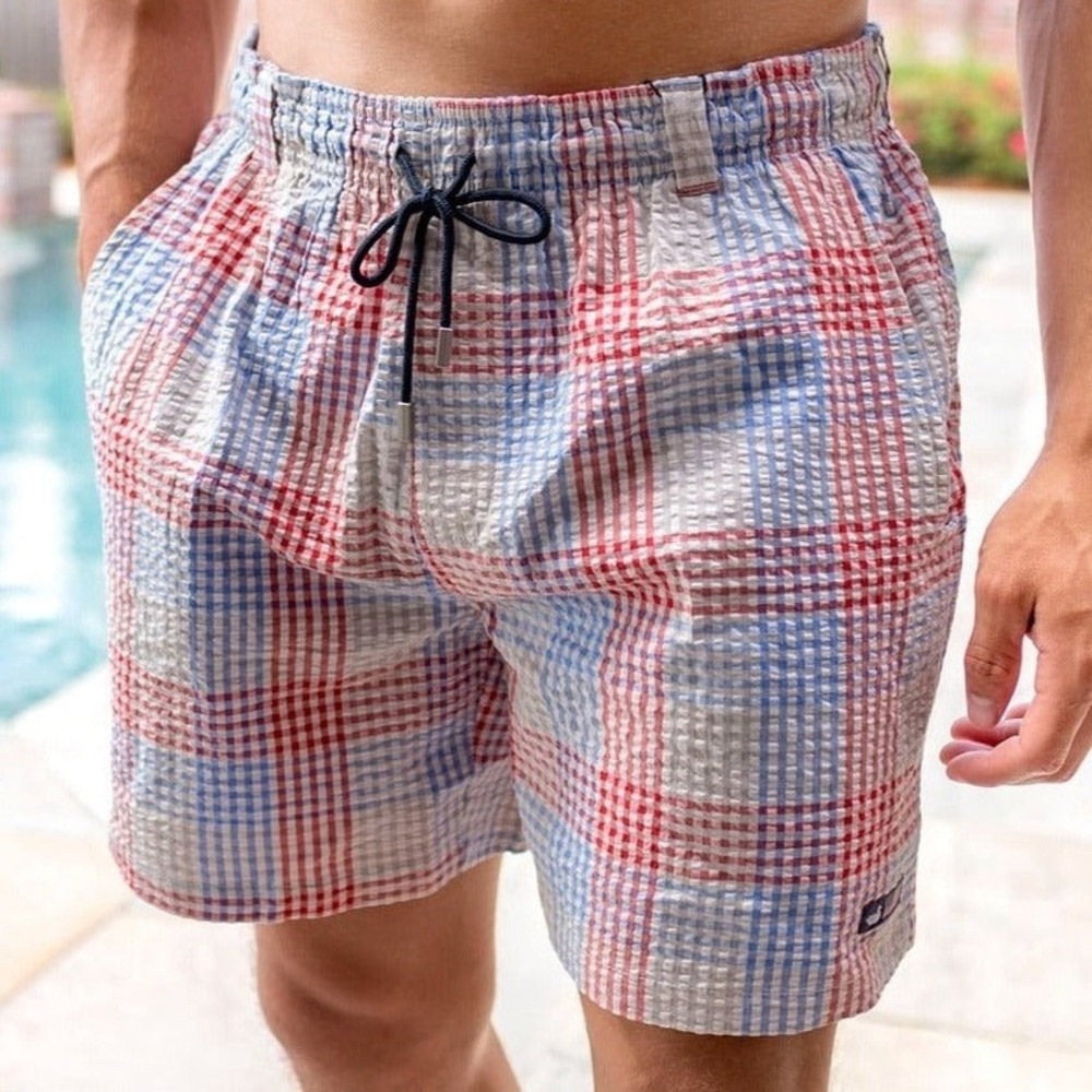 Southern Marsh Dockside Swim Trunks Mens L Seersucker Gingham Coastal Americana